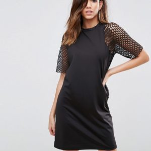 ASOS Scuba T-Shirt Dress With Fishnet Sleeves - Black