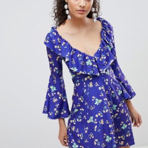 ASOS Swing Dress With V Back and Frill in Ditsy Floral Print - Multi