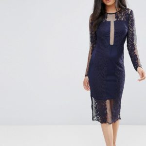 AX Paris Navy Long Sleeve Lace Midi Dress - Navy