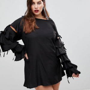 AX Paris Plus Tie Sleeve Ruffle Sleeve Dress - Black