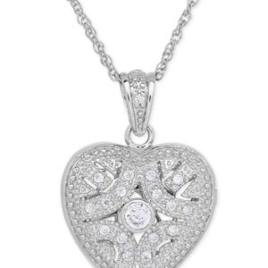 Cubic Zirconia Heart Locket Pendant Necklace in Sterling Silver