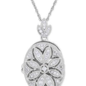 Cubic Zirconia Oval Floral Locket Pendant Necklace in Sterling Silver