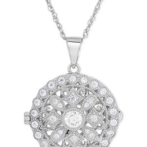 Cubic Zirconia Round Locket Pendant Necklace in Sterling Silver