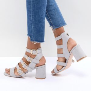 Faith Exclusive Buckle Block Heeled Sandals - Gray