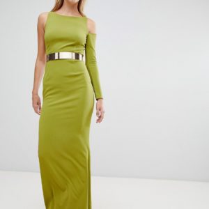 Forever Unique Cut Out Sleeve One Shoulder Maxi Dress - Green