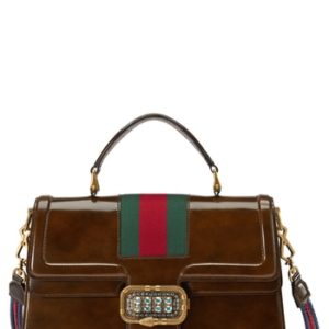 Gucci Linea Crystal Clasp Leather Satchel - Brown