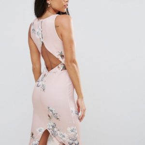 Hope & Ivy Floral Pencil Midi Dress With Cut Out Back - Beige