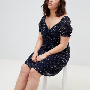 Influence Plus Square Neck Polka Dot Skater Dress - Navy