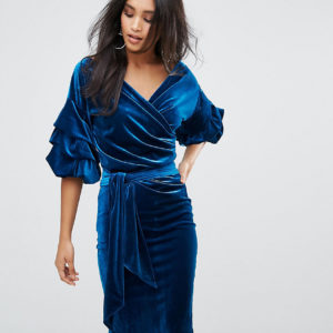 Lioness Velvet Off Shoulder Midi Dress With Ruched Sleeve Detail - Blue