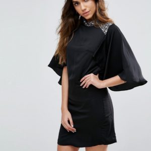 Little Mistress Cape Sleeve Dress With Embellishment - Black