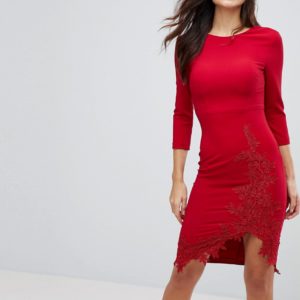 Little Mistress Long Sleeve Pencil Dress With Side Split And Applique Detail - Red