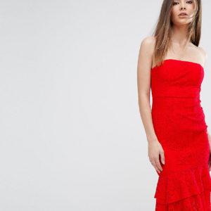 Love Triangle Bandeau Midi Dress with Double Frill - Red