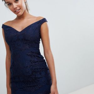 Love Triangle Bardot Sweetheart Mini Lace Dress - Navy