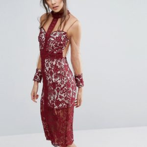 Love Triangle High Neck Lace Dress With Mesh Sleeves - Red