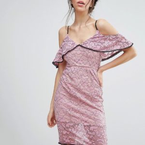 Love Triangle Lace Cold Shoudler Midi Dress With Contrast Trim - Pink