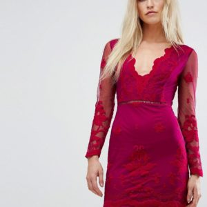 Love Triangle Long Sleeve Embroidred Mesh Mini Dress With Plunge Neck - Red