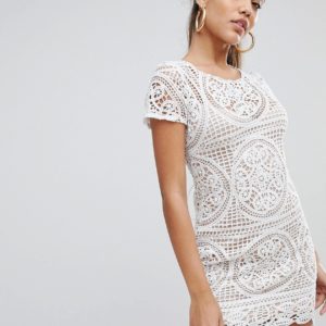 Love Triangle Mini Dress in Overscale Lace - White