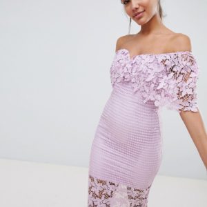 Love Triangle Off The Shoulder Cutwork Lace Pencil Dress - Purple