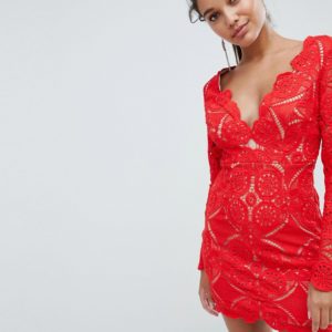 Love Triangle V Neck Mini Dress In All Over Lace - Red