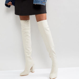 Missguided Pointed Neoprene Over The Knee Heeled Boots - Beige