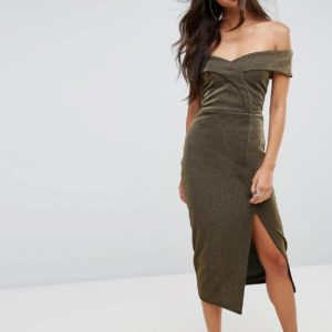 Outrageous Fortune Bardot Pencil Midi Dress with Split - Gold