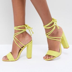 Public Desire Suzu Chartreuse Tie Up Block Heeled Sandals - Yellow