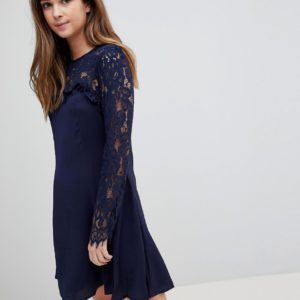 QED London Lace Sleeve Skater Dress - Navy