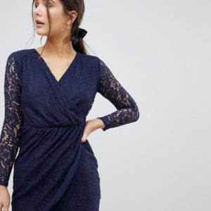 QED London Lace Wrap Front Dress - Navy