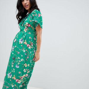 Queen Bee fluted sleeve midi dress in green floral print - Multi