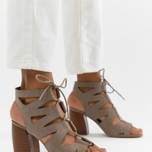 Qupid Lace Up Block Heel Sandals - Beige