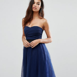 Rare London Strapless Midi Dress With Tulle Skirt - Navy