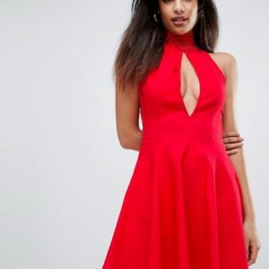 Rare Plunge Cut Out High Neck Skater Dress - Red