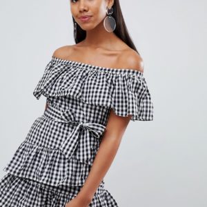 Rare gingham ruffle bardot mini dress - Black