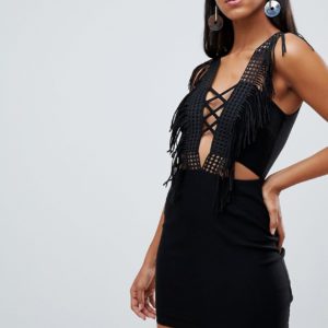 Rare lace up fringe plunge mini dress - Black