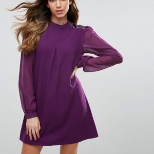 Traffic People Long Sleeve Shift Dress - Purple