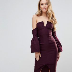 Vesper Bardot Bell Sleeve Pencil Dress - Purple