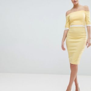 Vesper Bardot Pencil Dress With Contrast Waistband - Yellow