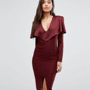 Vesper Cold Shoulder Midi Dress with Long Sleeves - Red