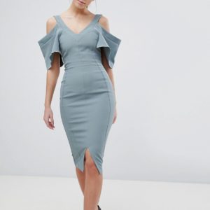 Vesper Cold Shoulder Pencil Dress With Voluminous Sleeves - Green