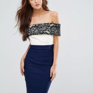 Vesper Pencil Dress With Lace Bardot Detail - Navy