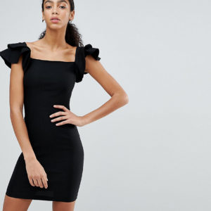 Vesper Pencil Dress With Origami Ruffle Sleeve - Black