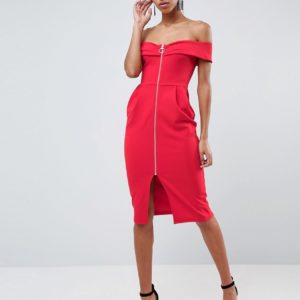 ASOS Bardot Zip Through Midi Dress - Red