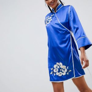 ASOS DESIGN Chinoiserie Wrap Embroidered Mini Dress - Blue