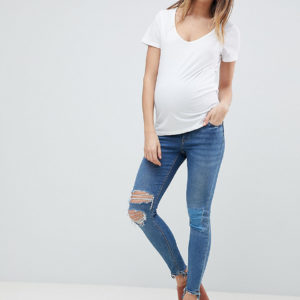 ASOS DESIGN Maternity Ridley high waist skinny jeans in wash with over the bump waistband with busted knees - Blue