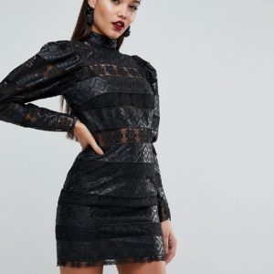 ASOS EDITION Embossed PU and Lace Cocktail Mini Dress - Black