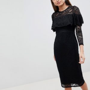 ASOS Midi Lace Pencil Dress with Long Sleeves and Frill Detail - Black