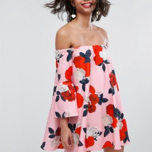 ASOS Off Shoulder Dress With Bell Sleeve In Floral Print - Multi