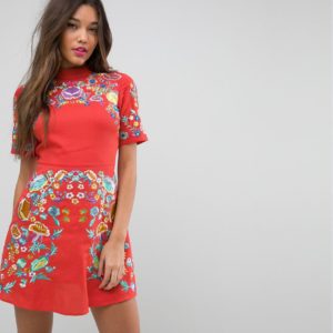 ASOS PREMIUM Mini Embroidered Dress - Orange