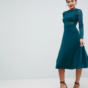 ASOS Premium Midi Scuba Skater Dress with Lace Sleeves - Green