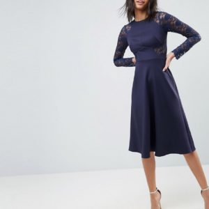 ASOS Premium Midi Scuba Skater Dress with Lace Sleeves - Navy